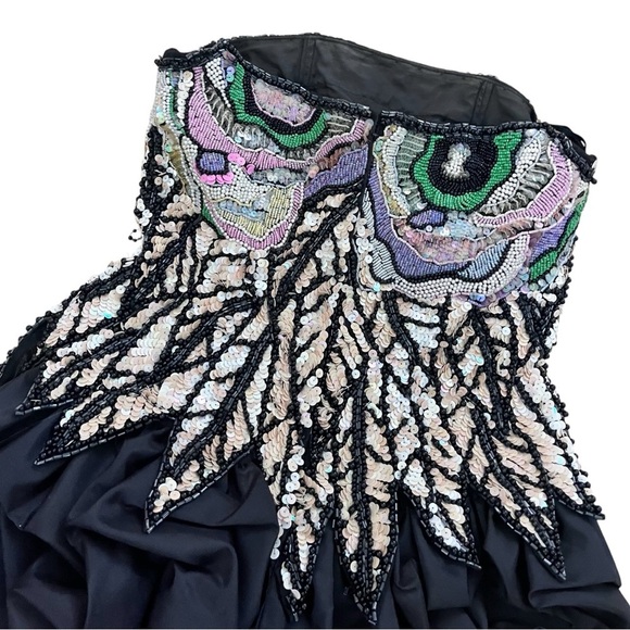 Vintage 1980s Black Bubble Hem Ruffled Boned Strapless Sequin Dress RARE XS - Picture 5 of 16